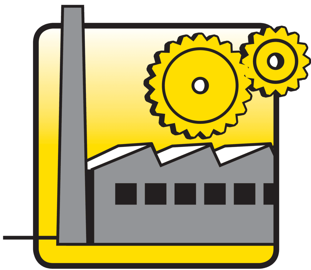 Industriesymbol mit grauer Fabrik, gelbem Hintergrund, Rädern und Schornstein.