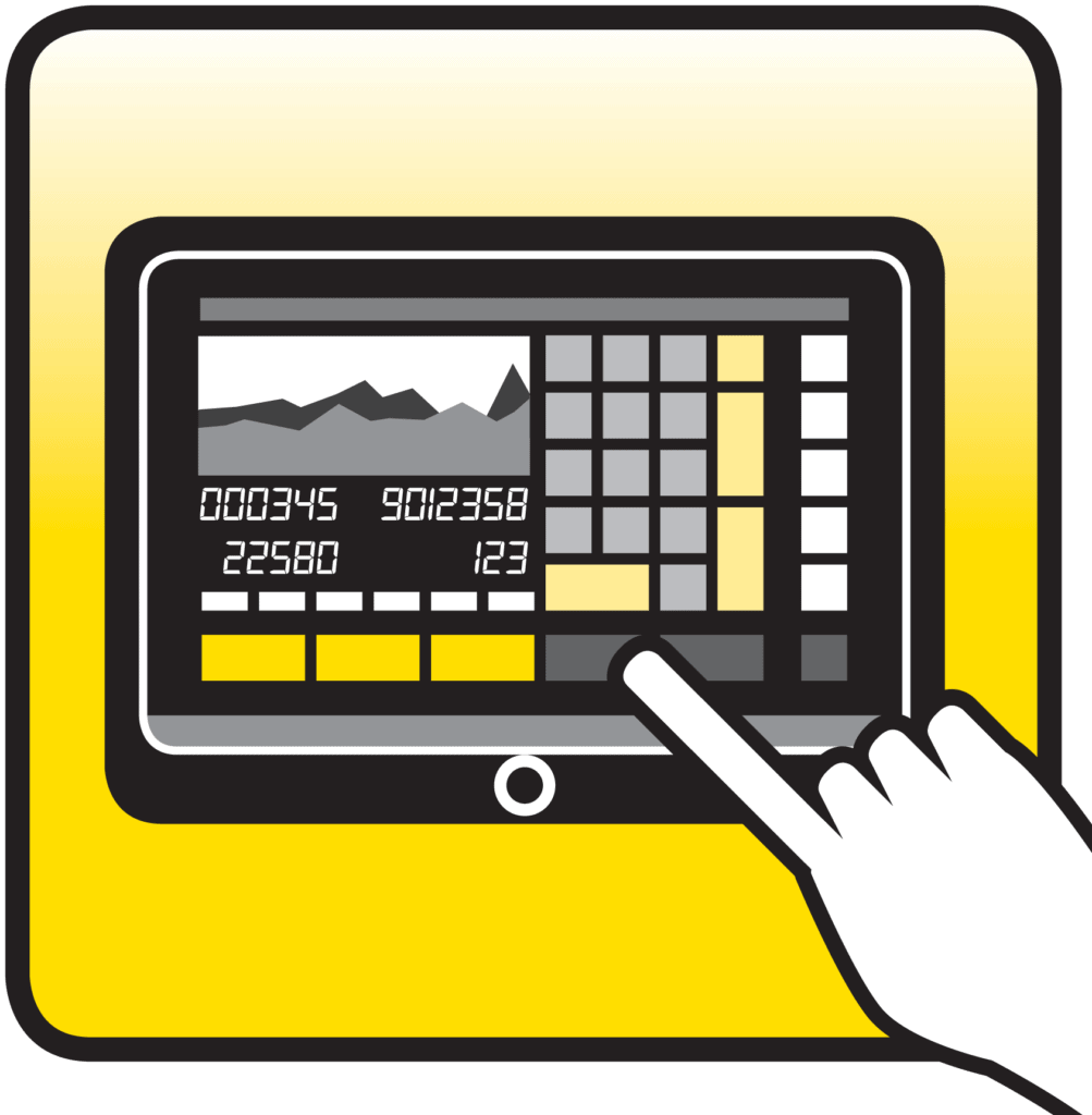 Ein Finger zeigt auf einen Monitor mit Diagrammen auf gelbem Hintergrund.