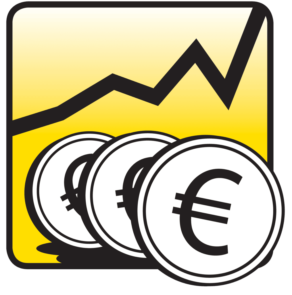 Diagramm mit steigender Linie, gelber Hintergrund, drei Münzen mit Euro-Symbol im Vordergrund.