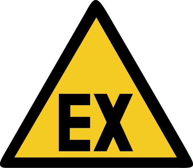 Warnschild mit gelbem Hintergrund, schwarzem Rand und großen schwarzen Buchstaben "EX".